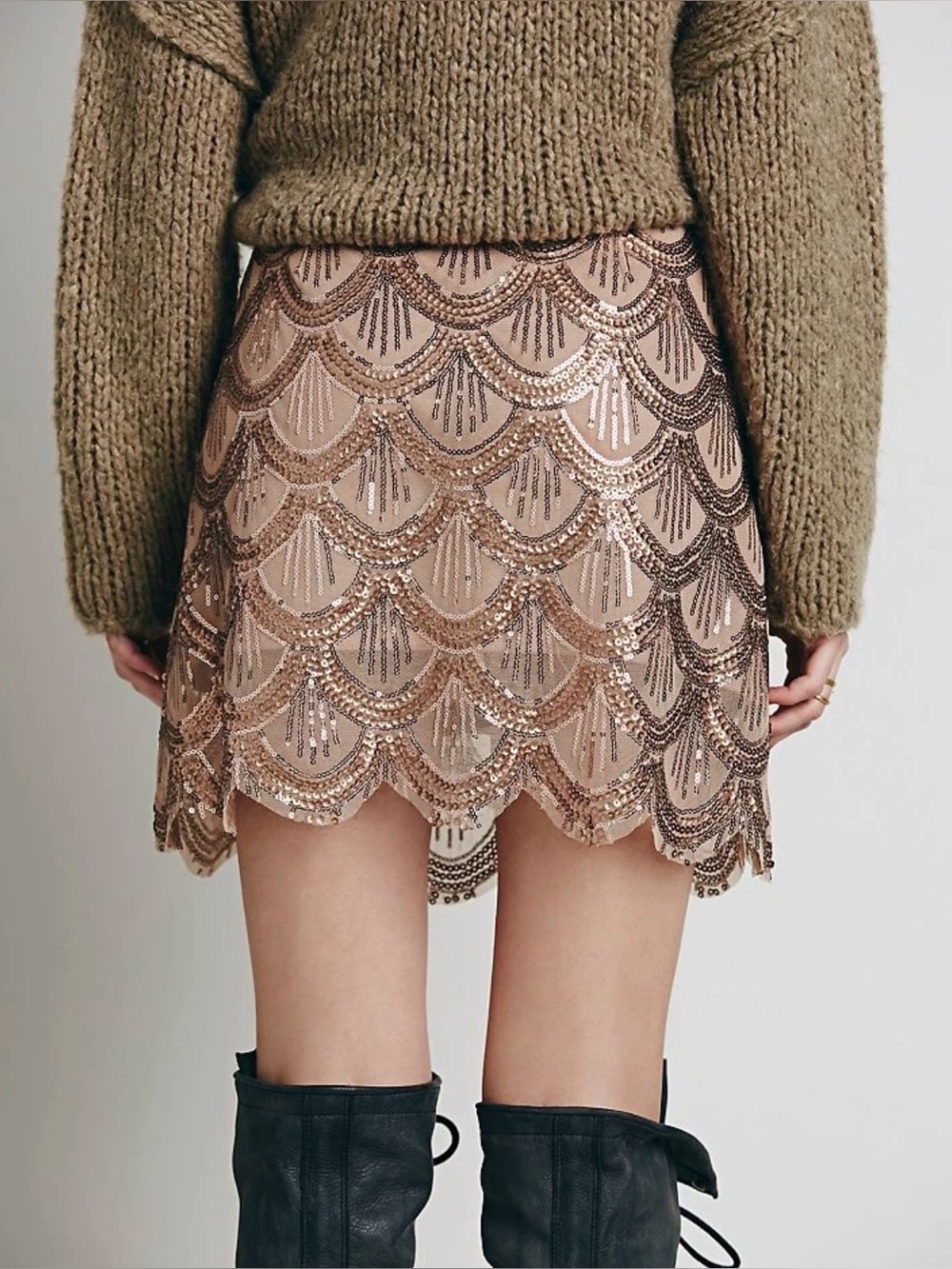 NWT Free People Sequin Scallop Mini Skirt - Rose Gold - Picture 5 of 13